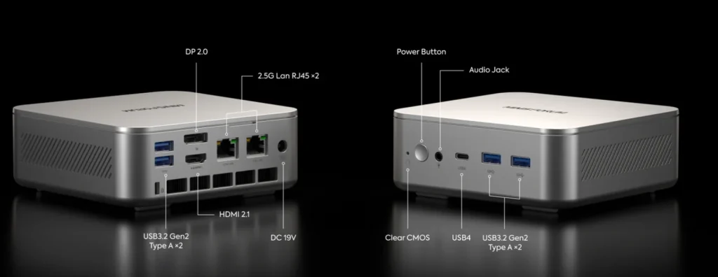 Mini PC Minisforum EliteMini AI370 avec processeur AMD Ryzen AI 9 HX 370, design compact et ports de connexion multiples.