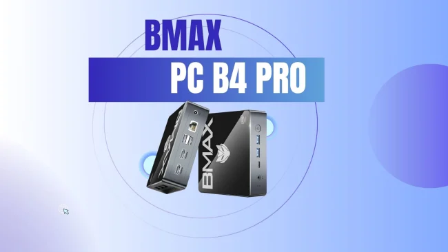 Mini PC BMAX B4 Pro avec ses caractéristiques principales et son design compact