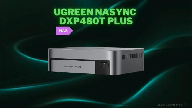 Serveur NAS Ugreen NASync DXP480T Plus, format plat et compact, finition grise avec bouton d’alimentation en façade, phrase « PROTECT WHAT YOU LOVE ».