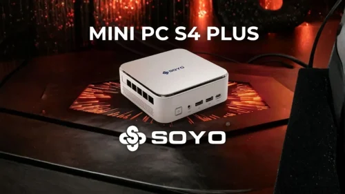 Présentation du mini PC SOYO S4 Plus équipé d'un processeur AMD Ryzen 7 et de 16 Go de RAM DDR5 sur un bureau.